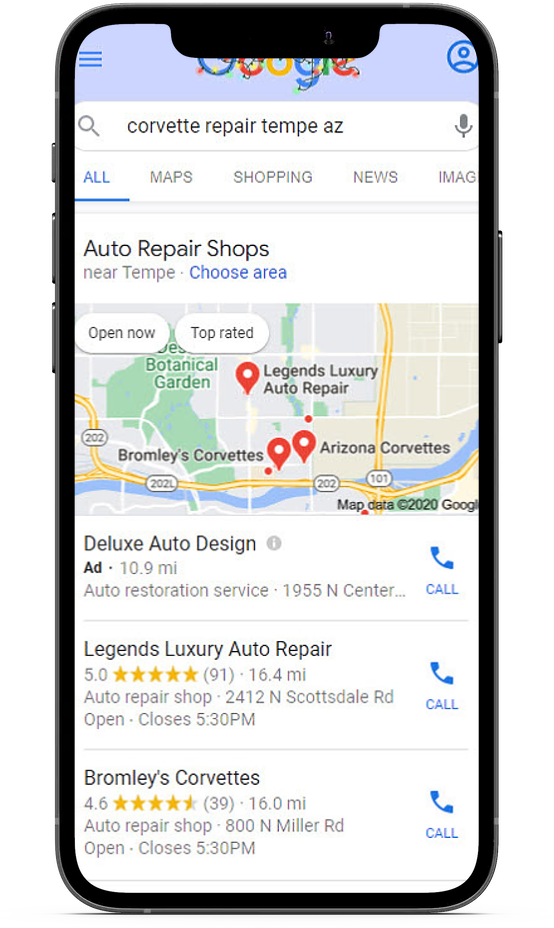 Mobile Google search result for corvette repair tempe az showing Legends Luxury Auto Repair in the Local Pack