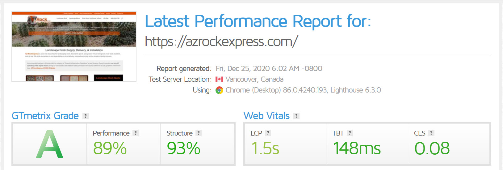 GTmetrix speed test showing A grade, 89% performance, 93% structure, 1.5s LCP for azrockexpress.com