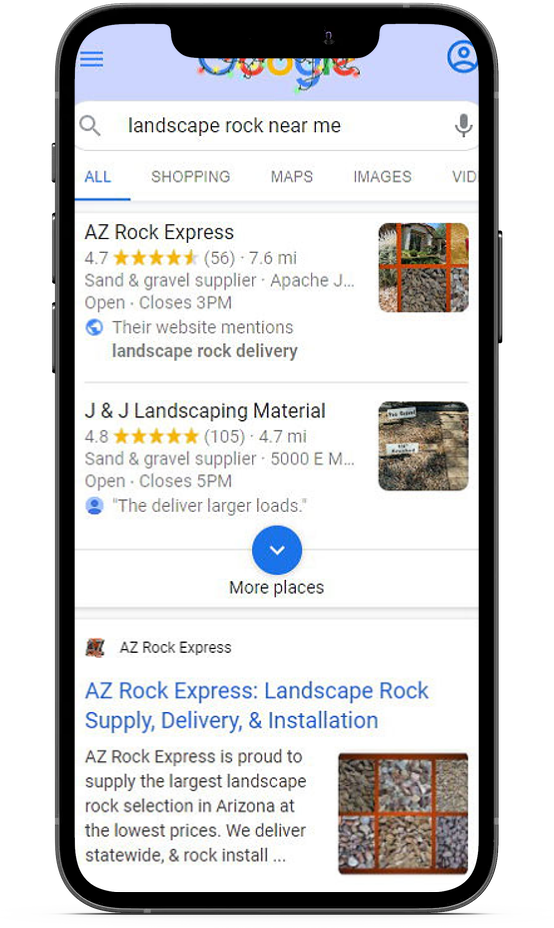Mobile Google search for landscape rock near me showing AZ Rock Express ranking first in the Local Pack