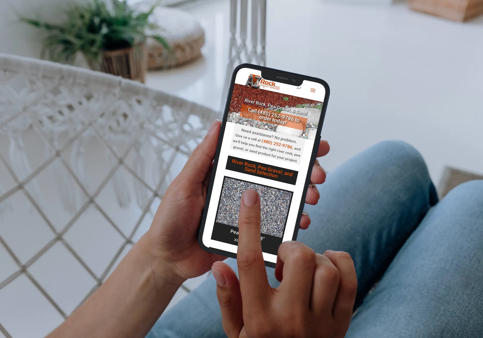 AZ Rock Express mobile product gallery showing customer browsing rock options on their phone