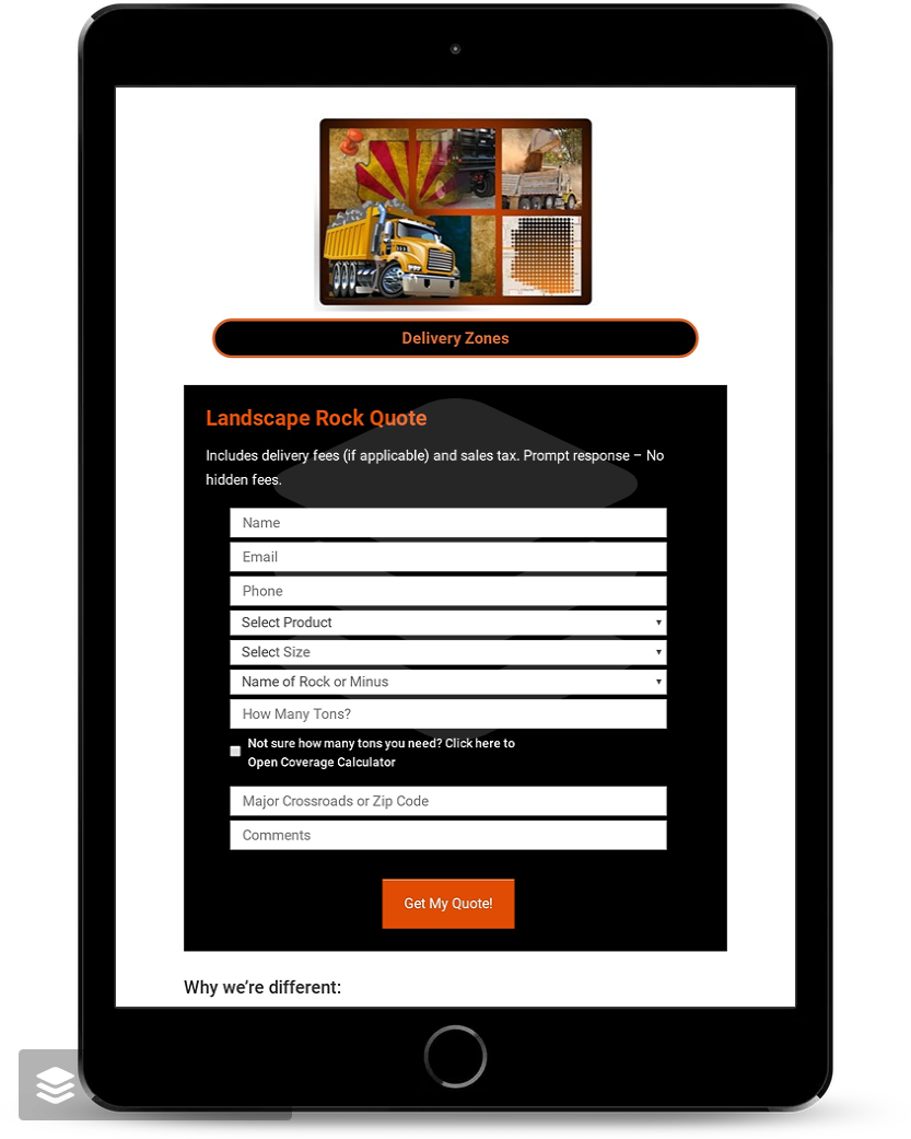 AZ Rock Express quote form on tablet showing conversion-optimized lead capture