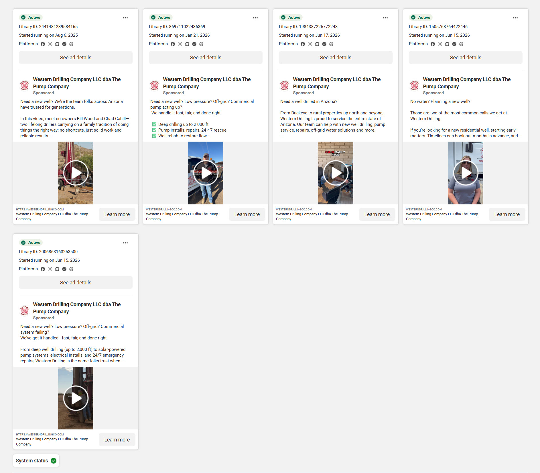 Meta Ads dashboard for Western Drilling Facebook and Instagram ad performance