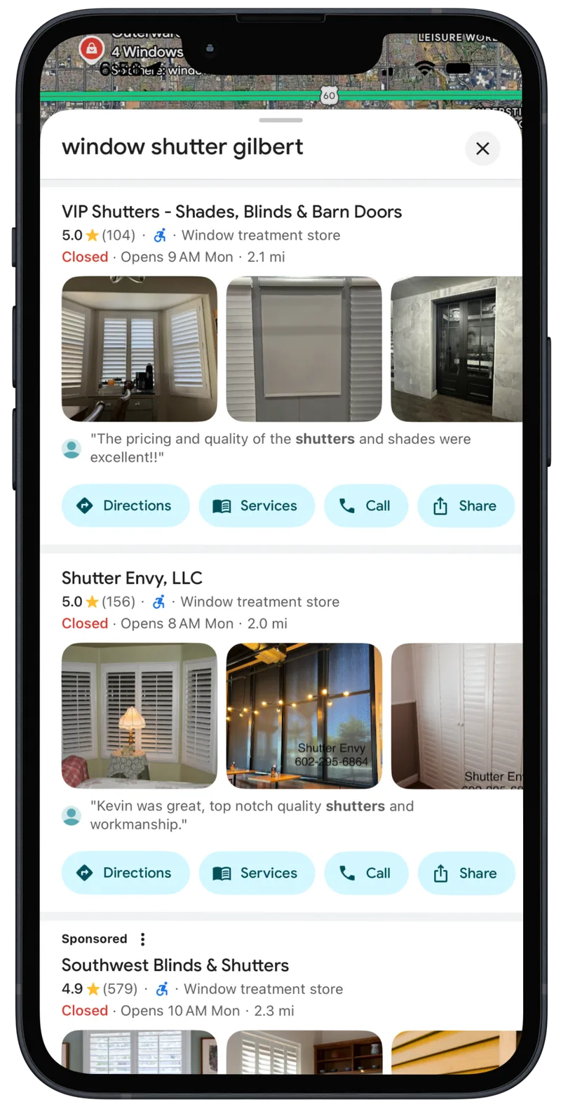 Google Maps Local Pack ranking for window shutters showing dominant visibility