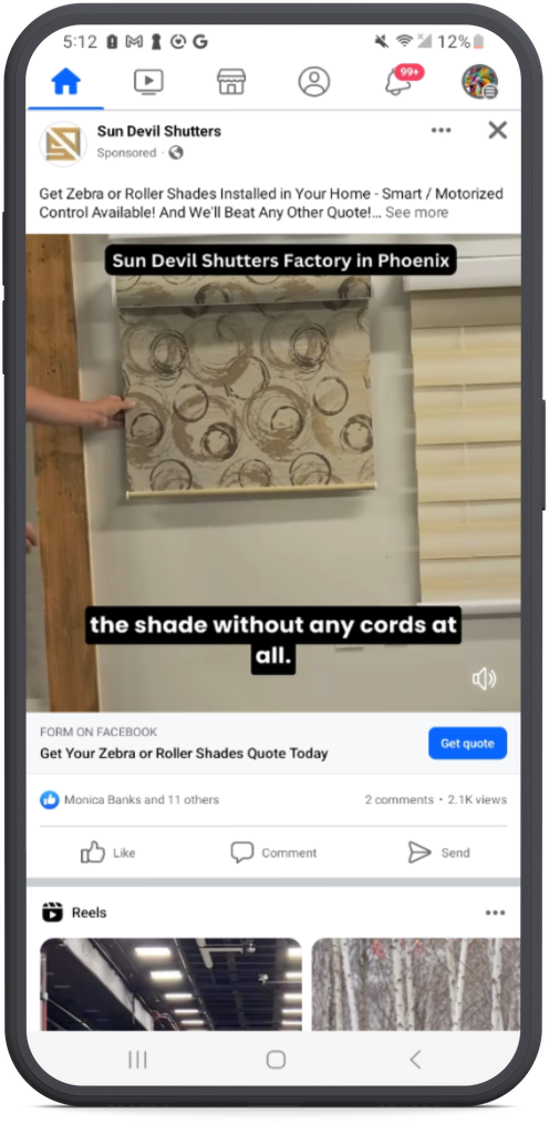 Sun Devil Shutters Facebook mobile ad showing social proof and engagement