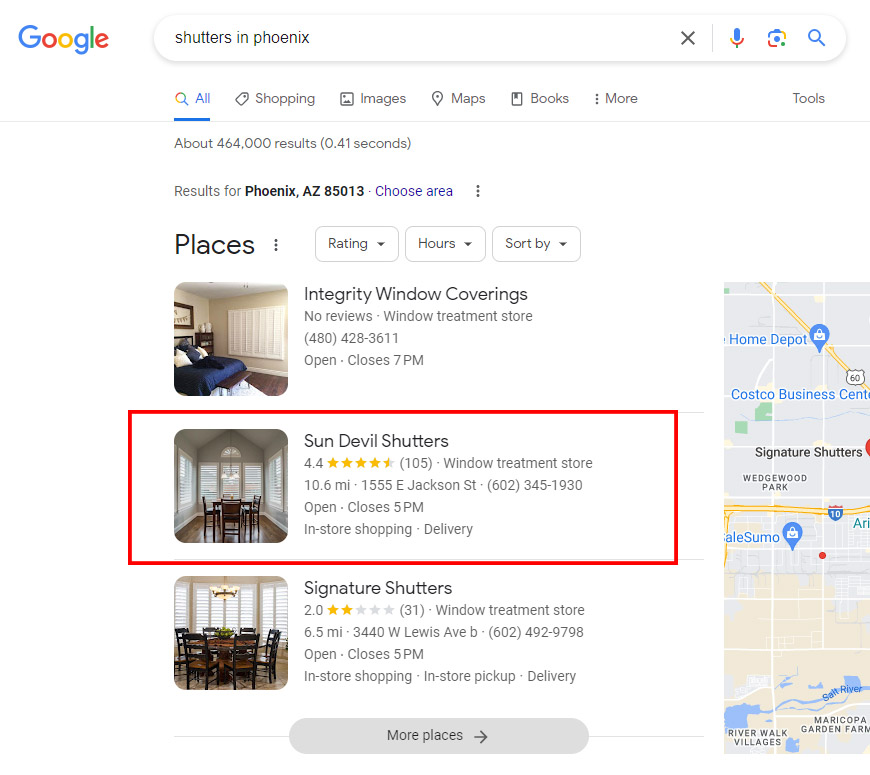 Google Maps Local Pack showing Sun Devil Shutters ranking for window shutters searches in Phoenix