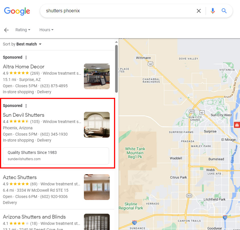 Google Search results showing sponsored and map pack placement for shutters in Phoenix