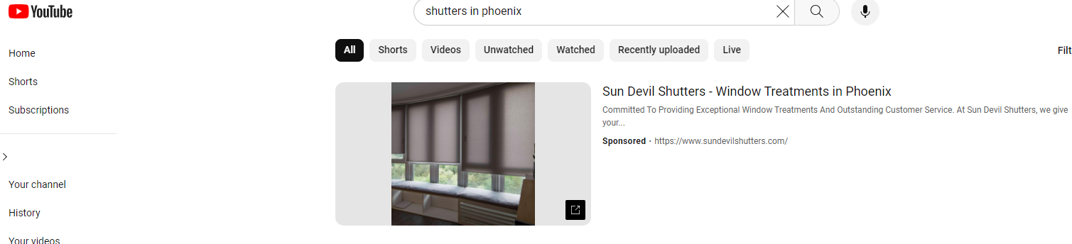 Sun Devil Shutters YouTube search ad showing video advertising reach