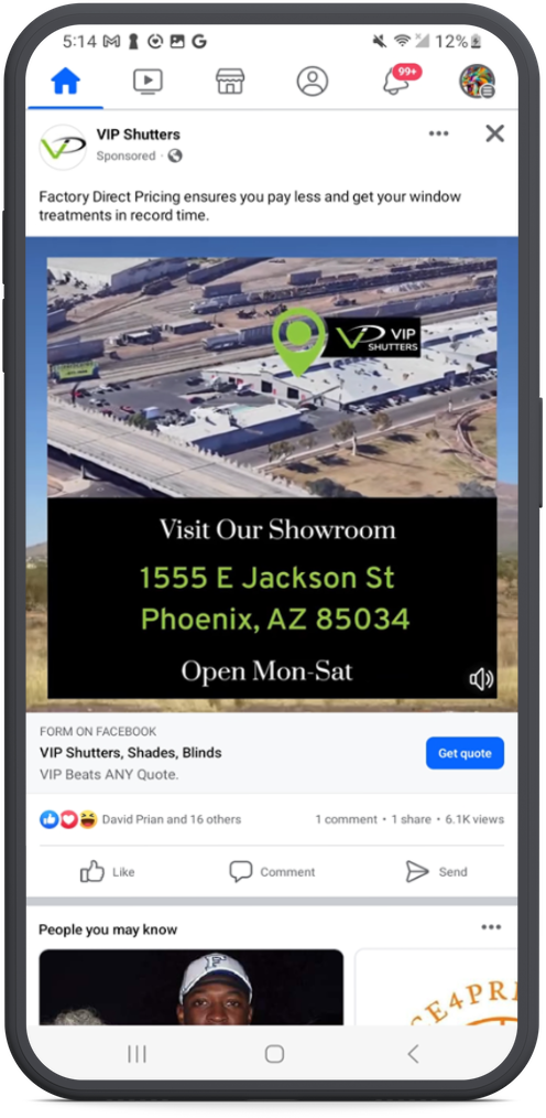 VP Shutters Facebook mobile ad example showing effective social advertising