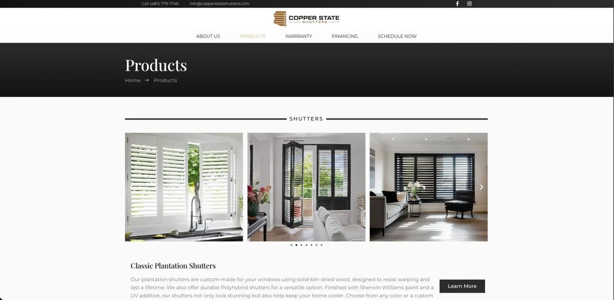 Copper State Shutters - Products detail page with plantation shutters gallery