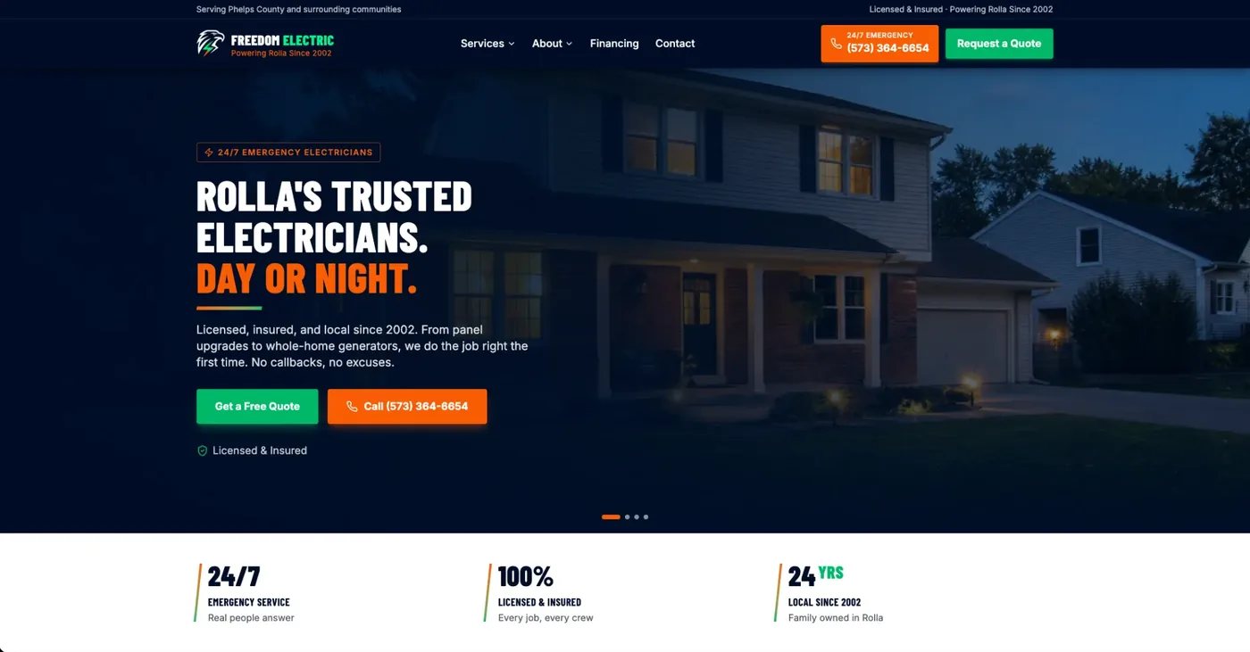 Freedom Electric homepage featuring a local emergency electrician hero carousel