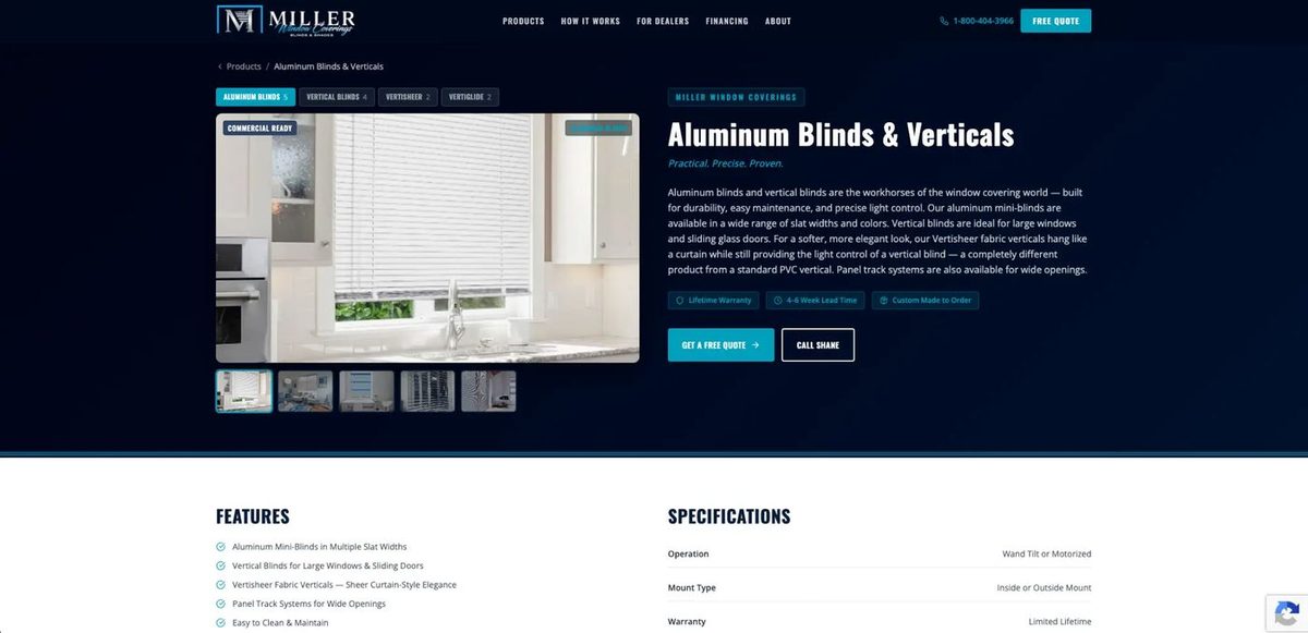 Miller Window Coverings - Product detail page for aluminum blinds