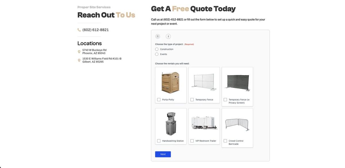 Proper Site Services - Custom quote form with product selection