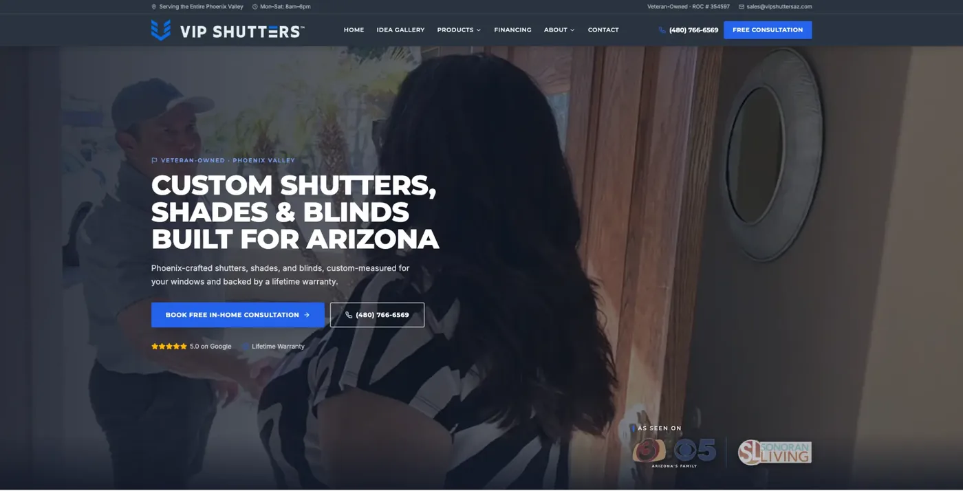 VIP Shutters homepage with custom video hero and consultation call to action