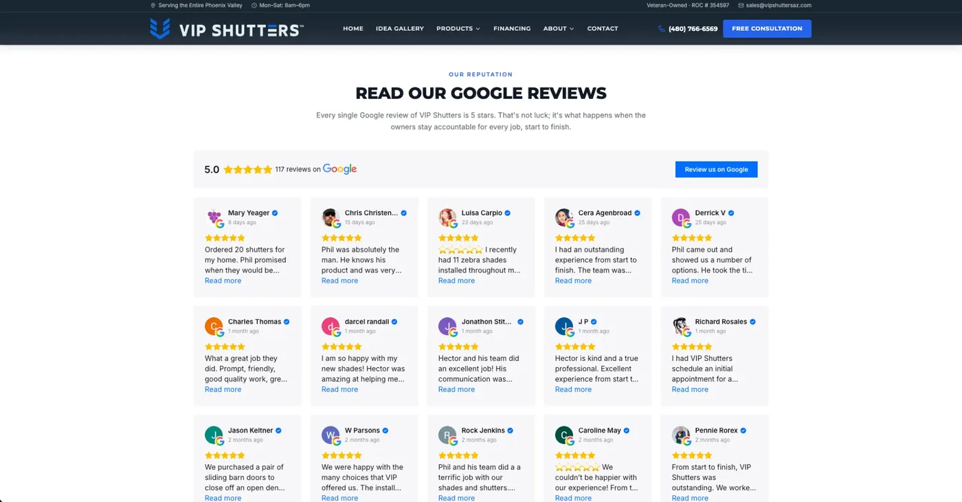 VIP Shutters live embedded Google reviews slider showing a 5-star rating