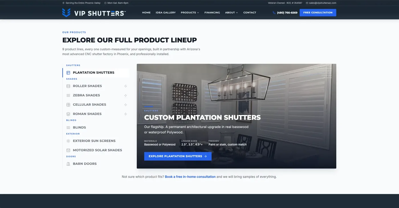 VIP Shutters interactive homepage product selector for shutters, shades, blinds, exterior screens, and barn doors