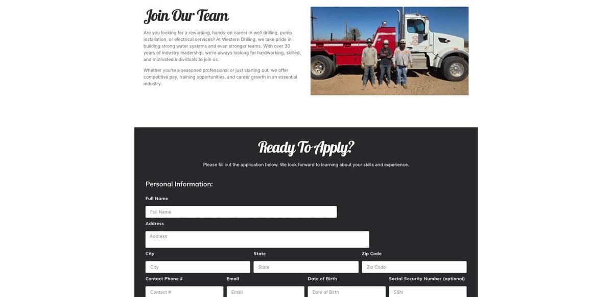 Western Drilling - Careers page with job application form
