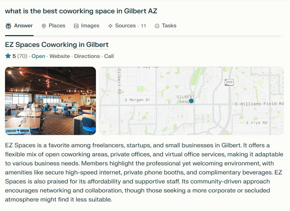 Perplexity AI search showing our client EZ Spaces as the #1 answer for best coworking space in Gilbert AZ