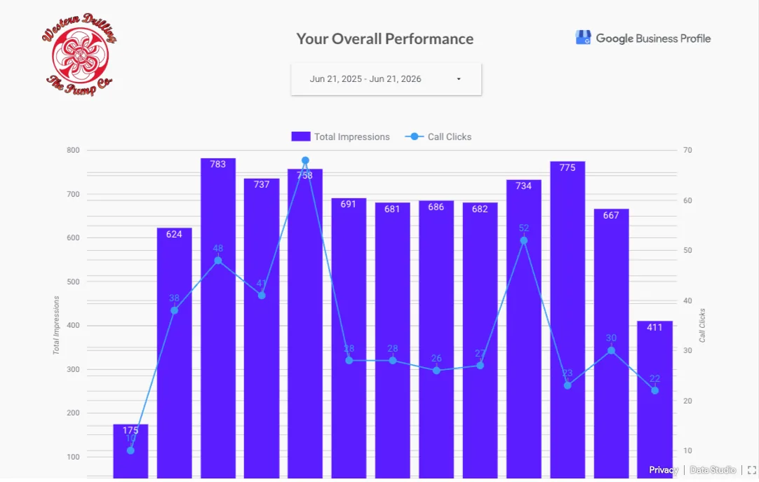 12-month GBP performance showing impressions growing from 175 to 775 monthly