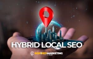 Hybrid Local SEO Marketing concept with cell phone, city and map pin