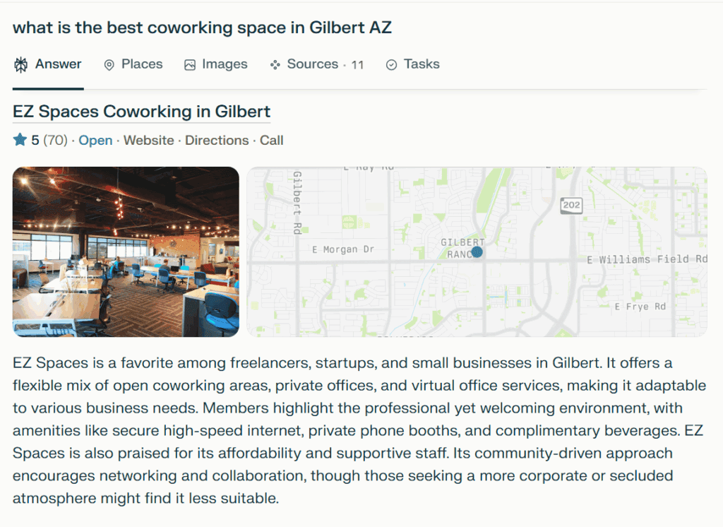 Perplexity AI Search Result Coworking Screenshot
