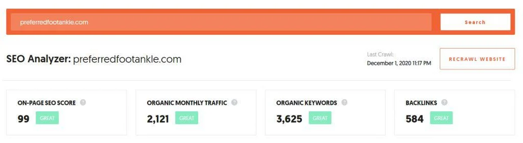 seo analyzer example from a current client